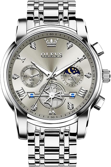 OLEVS Men Watches Stainless Steel Chronograph Watch, Large Wrist Analog Quartz Watch, Fashion Waterproof Diamond Roman Numerals Dress Watches for Men, Gold/Black/White/Blue/Grey Dial