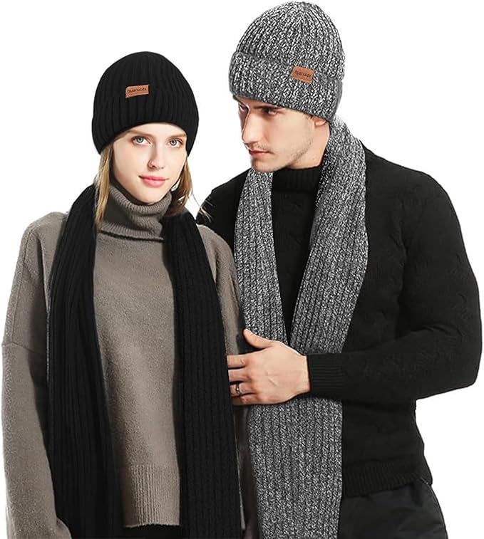 3PCS Winter Beanie Hat Scarf Touchscreen Gloves Set for Men and Women, Knitted Fleece Lined Hats Thermal Gloves Long Scarf