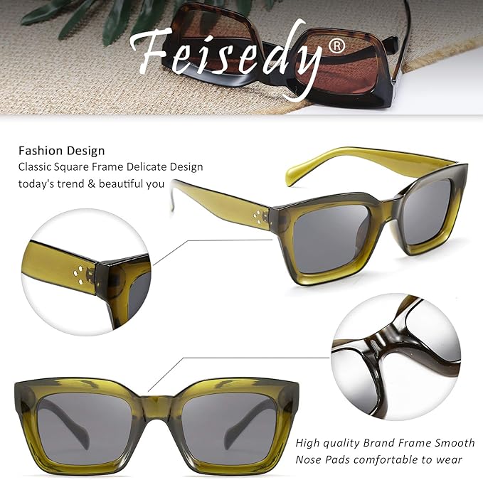 FEISEDY Classic Women Sunglasses Fashion Thick Square Sun Glasses Chunky Frame UV400 B2471