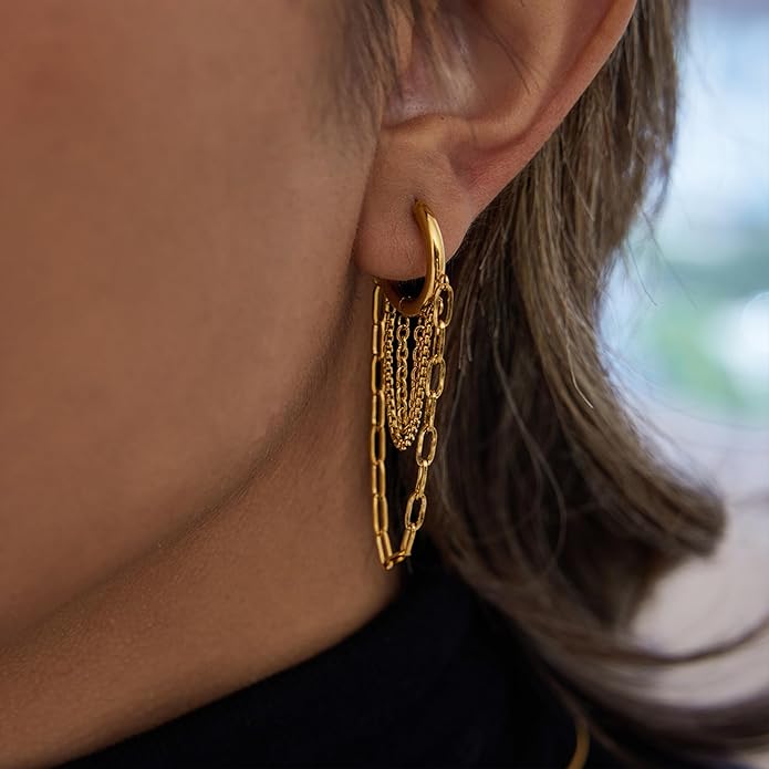 Tassel Chain Hoop Earrings for Women Trendy Two Tone Dangling Chain Earrings Hypoallergenic Fashion Jewelry Gifts