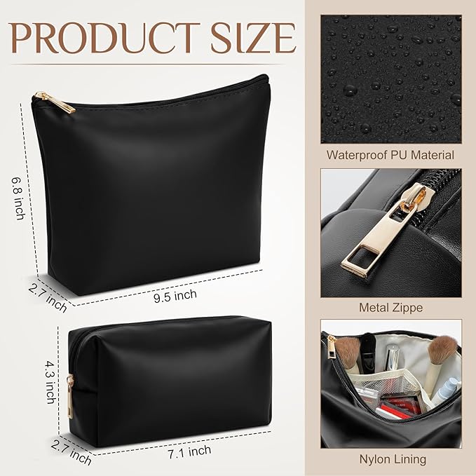 Kigeli 2 Pcs PU Leather Makeup Bag Set for Women Aesthetic Cosmetic Bag Small Toiletry Travel Pouch for Purse Emergency Skincare Organizer Valentine Gifts for Bridesmaid Birthday(Black)