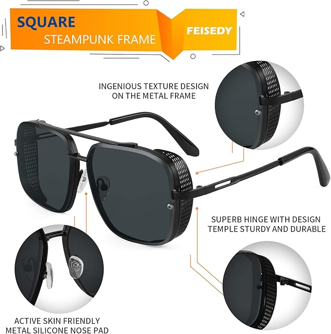 FEISEDY Sunglasses Mens Women Vintage Pilot Square Trendy Metal Steampunk Fishing Driving Sun Glasses B2894