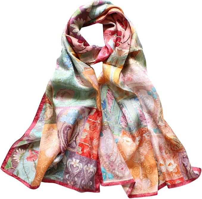 100% Mulberry Silk Scarfs for Women Floral Print Satin Long Scarf for Headscarf Hair Wraps Shawl with Gift Packed