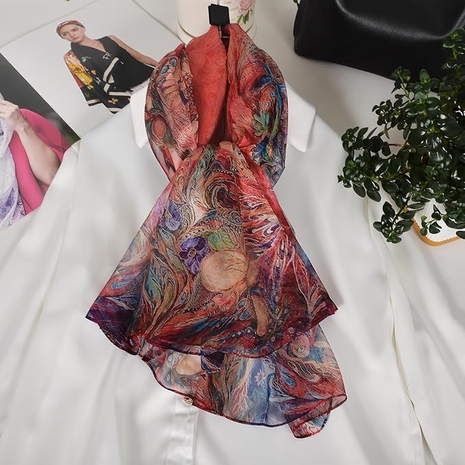 100% Mulberry Silk Women's Neck Silk Scarf-Lightweight Shawl,FLoral Print Beach Silk Wrap-Scarves for Photography