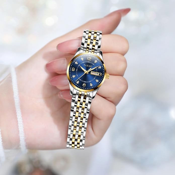 Gold Silver Two Tone Women Stainless Steel Watch Small Wrist ElegantDress Watch for Women Fashion Luxury Waterproof Day Date Analog Quartz Ladies Watches