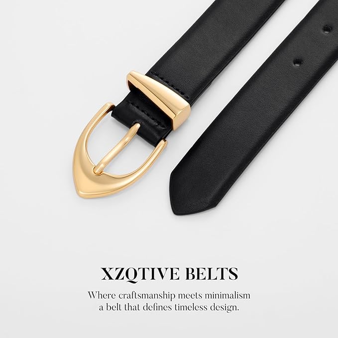 XZQTIVE Women's Leather Belts, Classic Minimalist Design For Jeans Pants Dresses, Black Belt With Gold Buckle
