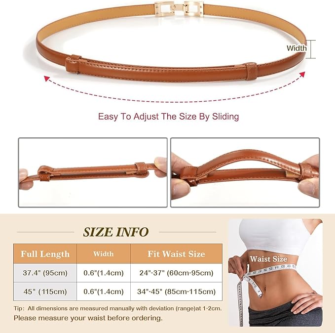 Glamorstar Skinny Belts for Women Thin PU Leather Waist Belt with Gold Buckle for Dresses
