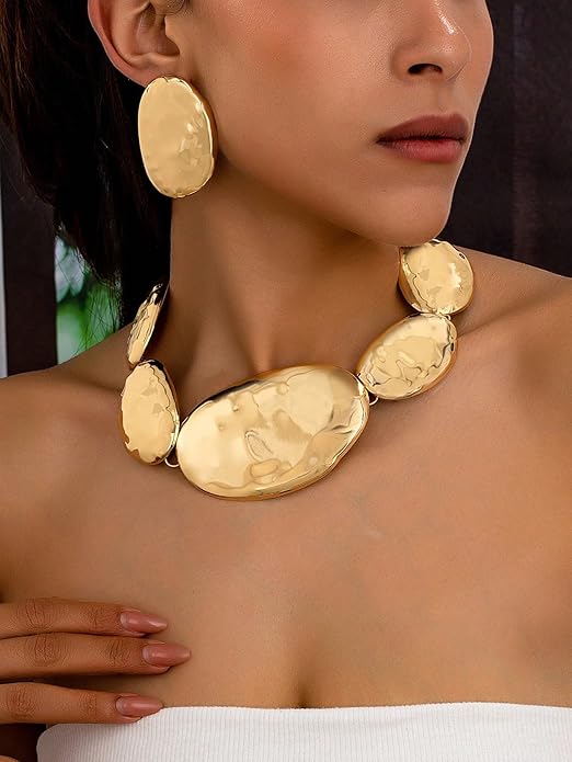 Statement Necklace Earrings Set, 2pcs Geometric Asymmetrical Hammered Texture Graduated Size Extra Long Pendant Necklace & Earrings Jewelry Gifts