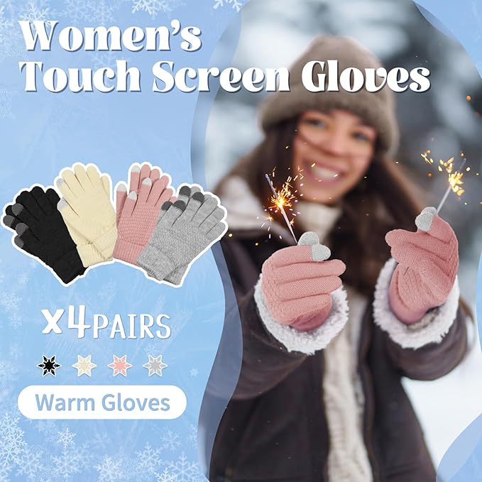 Omisy 4 Pairs Winter Gloves Women Touchscreen Cold Weather, Valentines Day Gifts for Her Wife Mom Girlfriend, Wam Mitten
