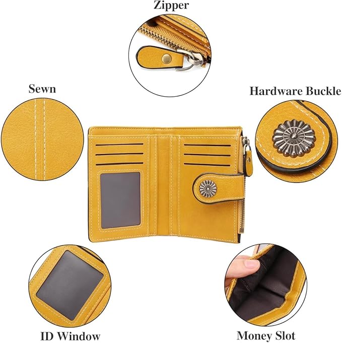 Premium Slim Genuine Leather Bifold Wallet for Women with Advanced RFID Blocking Technology and Zippered Coin Compartment (Yellow)