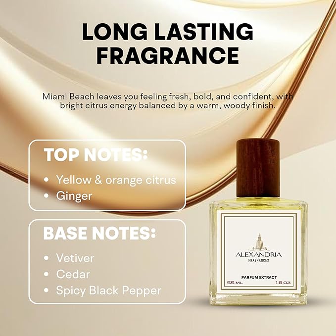 Alexandria Fragrances Miami Beach Perfume - Long Lasting Eau de Parfum for Men & Women - Everyday Men’s Cologne with Citrus, Ginger, Vetiver & Cedar Notes - Inspired by Beach & Summer Vibes - 55ml