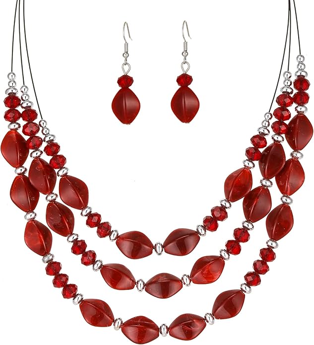 3 Layered Chunky Statement Necklace for Women Beaded Strand Necklaces with Earring Fashion Costumes Collar Necklace Jewelry Sets Gifts for Women