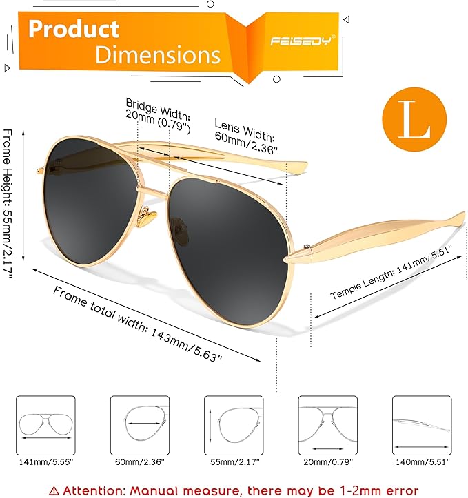 FEISEDY Oversized Aviator Sunglasses Women Men - Retro Gold Metal Chunky Frame, UV400 for Driving & Daily Wear B0311