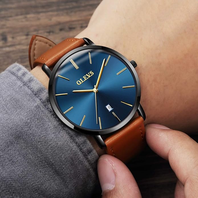 OLEVS Mens Watches Minimalist Ultra Thin Fashion Casual Analog Quartz Date Watch Waterproof Slim Simple Big Face Dress Wrist Watch Leather Band for Men