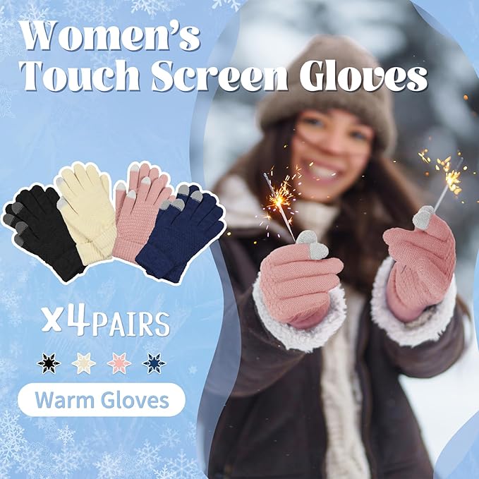 Omisy 4 Pairs Winter Gloves Women Touchscreen Cold Weather, Valentines Day Gifts for Her Wife Mom Girlfriend, Wam Mitten