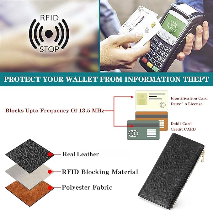 Slim Blue Wallet for Women, RFID Blocking Genuine Leather Bifold with Secure Zippered Coin Pocket (Black)