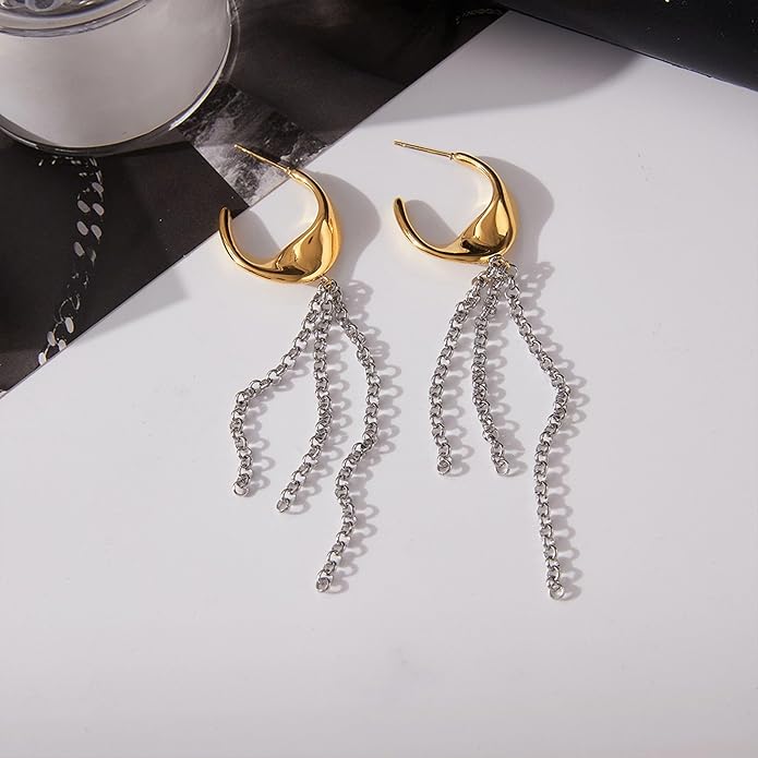 Tassel Chain Hoop Earrings for Women Trendy Two Tone Dangling Chain Earrings Hypoallergenic Fashion Jewelry Gifts