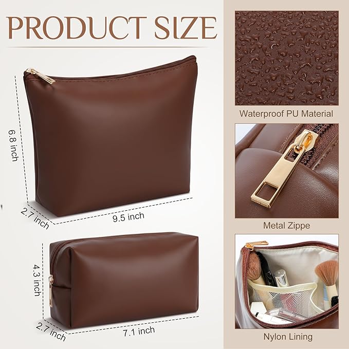 Kigeli 2 Pcs PU Leather Makeup Bag Set for Women Aesthetic Cosmetic Bag Small Toiletry Travel Pouch for Purse Emergency Skincare Organizer Valentine Gifts for Bridesmaid Birthday(Dark Brown)