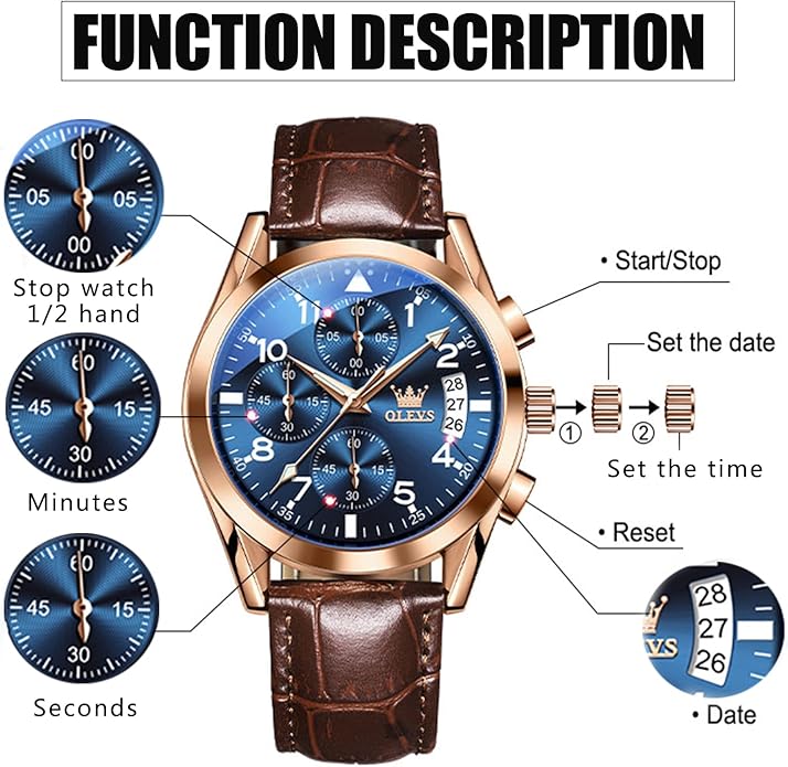 OLEVS Men's Watches Brown Leather with Date,Casual Watches for Men,Large Face Watches Men,Chronograph Mens Watch,Sport Waterproof Business Dress Analog Quartz Men's Wrist Watches Reloj De Hombre
