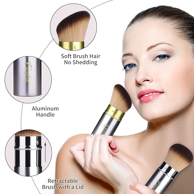 Retractable Kabuki Makeup Brushes 2 Pcs Blush Brushes Set Portable Powder Brushes with Flat and Angled Top for Liquid Cream Cosmetics Travel, large/1.18inch(Silver Green)