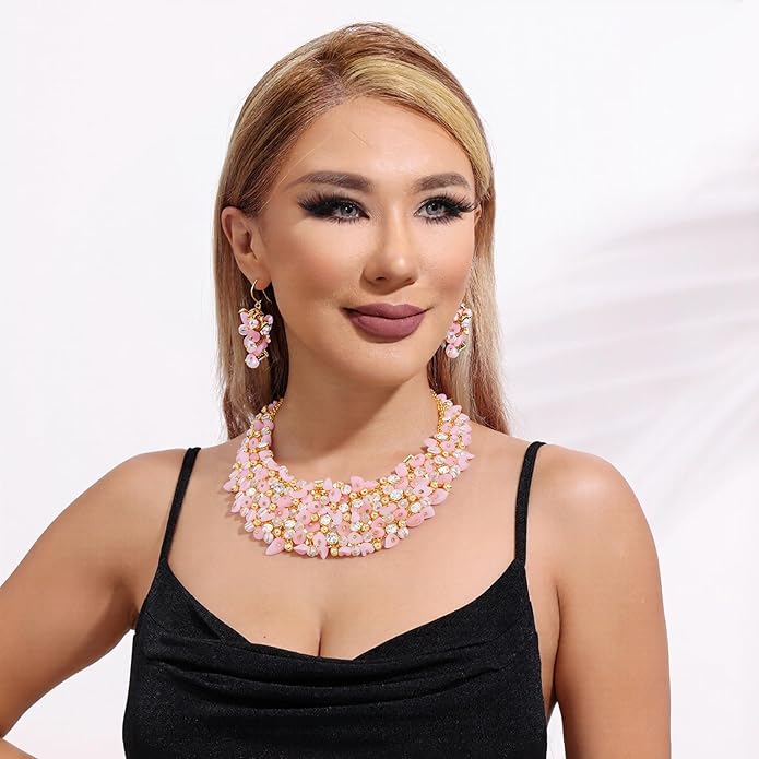 Bocar Fashion Crystal Chunky Collar Statement Necklace Earring Set for Women Gift (NK-10260)