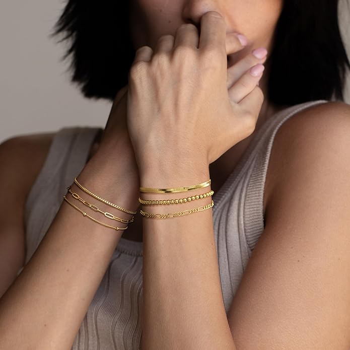 DEARMAY Gold Bracelets for Women Waterproof, 14K Gold Plated Jewelry Sets Trendy Thin Dainty Stackable Cuban Link Paperclip Chain Bracelet Pack Fashion Accessories Gifts for Womens