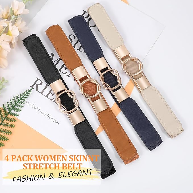 WERFORU Women Skinny Belt for Dresses Retro Stretch Waist Belt with Gold Buckle Set of 4