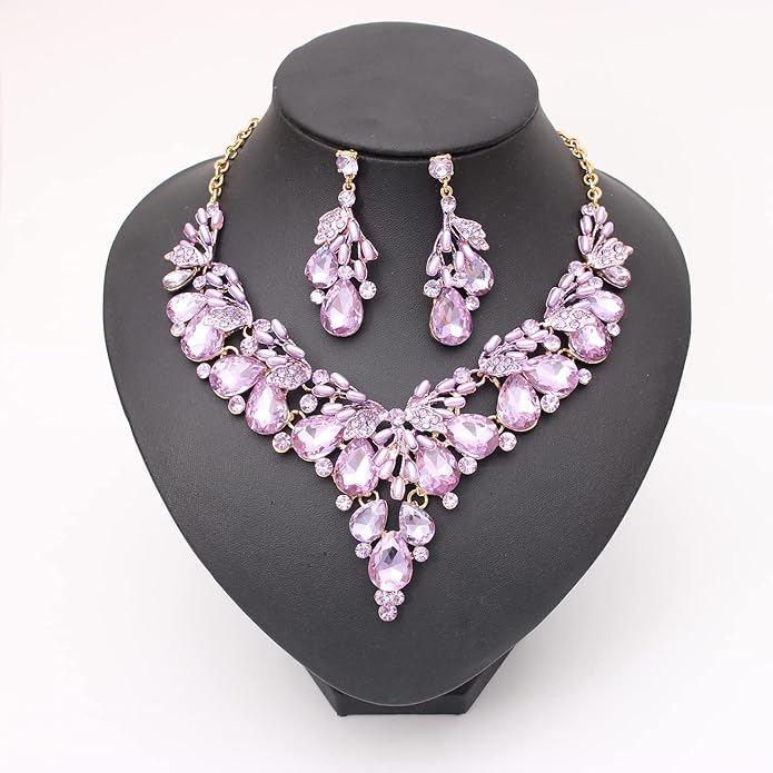 Jewelry Set for Women, Statement Necklace Dangle Earrings Bracelet Ring, White/KC Gold Plated Jewelry Set with Rhinestone Pearl Crystal Wedding Party Jewelry for Bridal Bridesmaid