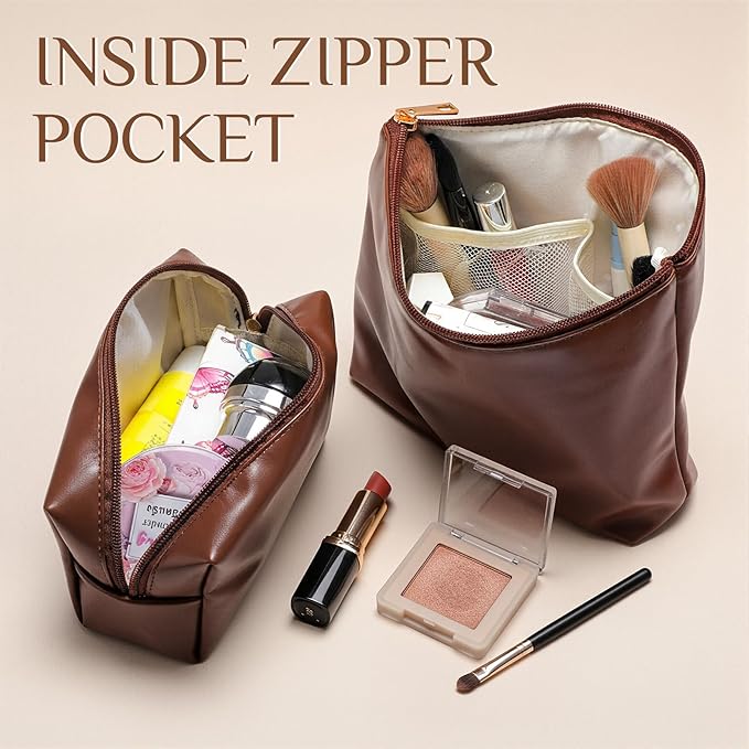 Kigeli 2 Pcs PU Leather Makeup Bag Set for Women Aesthetic Cosmetic Bag Small Toiletry Travel Pouch for Purse Emergency Skincare Organizer Valentine Gifts for Bridesmaid Birthday(Dark Brown)
