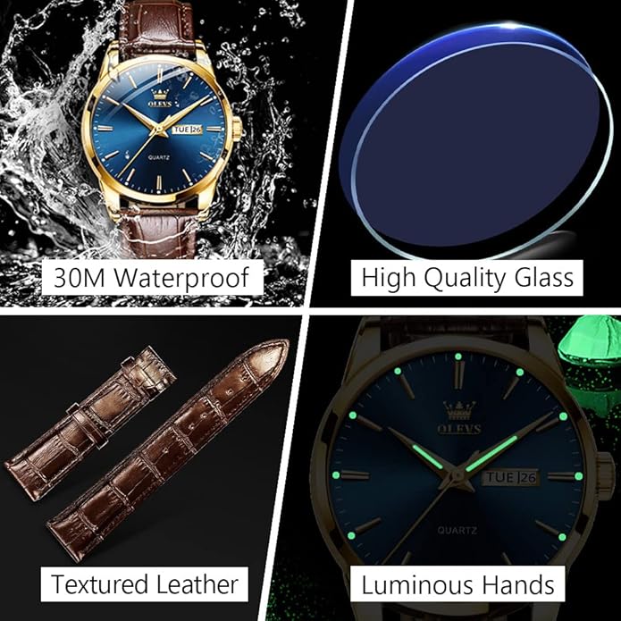 OLEVS Men's Simple Watch with Day and Date, Stainless Steel Analog Quartz Watches for Men, Classic Luminous Hands Men's Dress Watches, Black/White/Blue Dial
