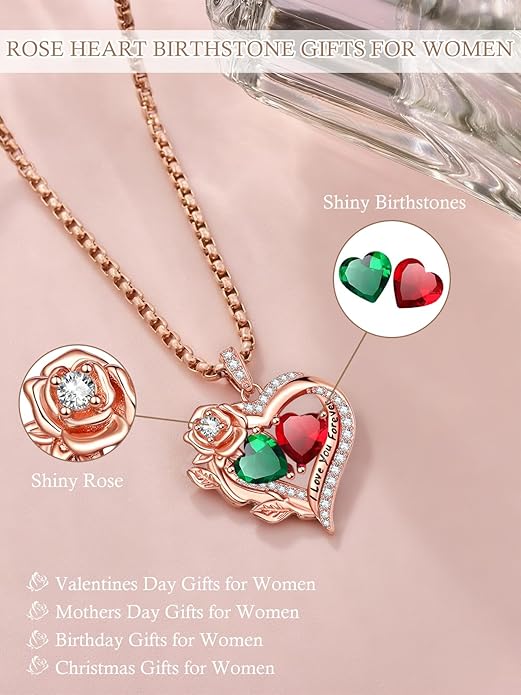 Rose Heart Necklaces for Women, Rose Gold Forever Love Jewelry with 2 Birthstones Pendant, Christmas Anniversarry Birthday Gifts for Her Wife Mom Grandma, 18+2 Inch Chain