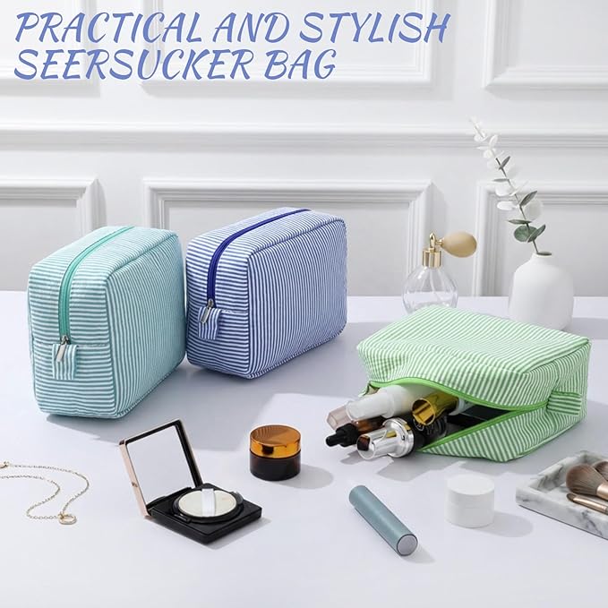 Sanwuta 3 Pcs Seersucker Makeup Bags Seersucker Cosmetic Bags Striped Women Large Travel Toiletry Organizer Preppy Storage Pouch for Embroidery Wedding Bridesmaid Gifts(Navy Blue, Green, Lake Blue)