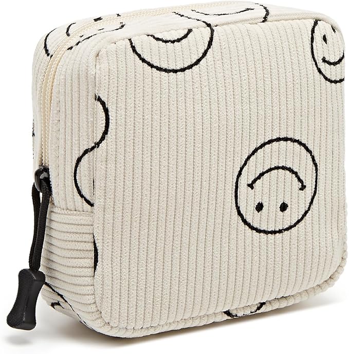 Small Makeup Bag for Purse,Mini Cosmetics Bag cute Zipper corduroy Cosmetic Pouch Storage Pouch Travel Toiletry Organizer for Women Girls(Smiley Face,Beige)