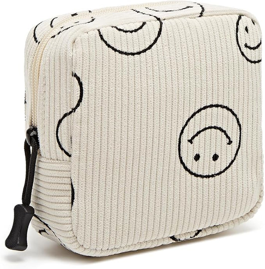 Small Makeup Bag for Purse,Mini Cosmetics Bag cute Zipper corduroy Cosmetic Pouch Storage Pouch Travel Toiletry Organizer for Women Girls(Smiley Face,Beige)
