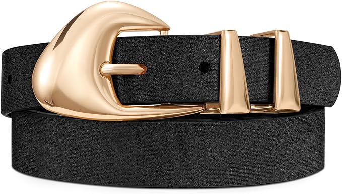 XZQTIVE Women's Leather Belts for Jeans Dress Pants Black Brown Belts for Women Ladies Waist Belts with Gold Buckle