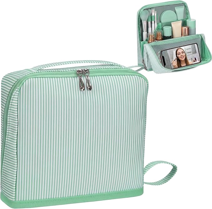 Striped Makeup Bag Large Cosmetic Bags for Women Gift with Brush Loops Mesh Pocket Wrist Strap Travel Organizer Storage Pouch Toiletry Case with Divider for Mirror(Fresh Green)