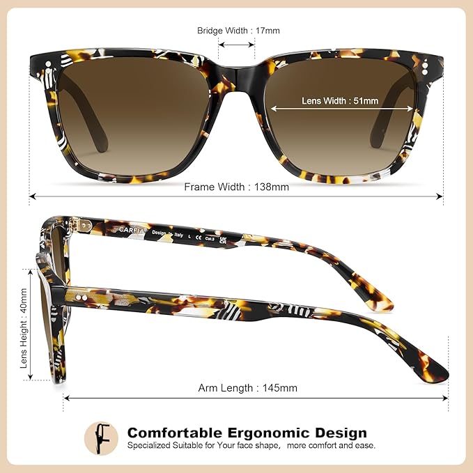 CARFIA Polarized Sunglasses for Women: Acetate, Small/Medium Size, UV400 Anti Glare CA5354