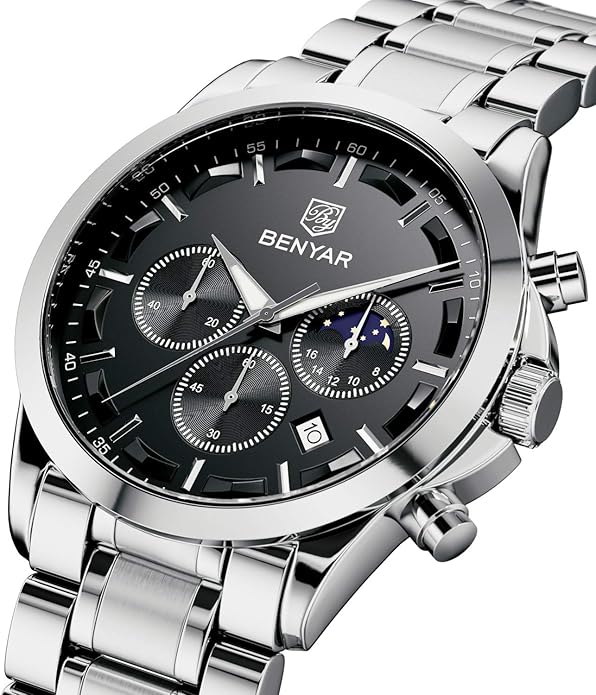 BY BENYAR Mens Watches Analog Quartz Chronograph Waterproof Wrist Watches for Men Fashion Business Work Casual Sport Designer Dress Watch with Calendar Elegant Gifts for Men