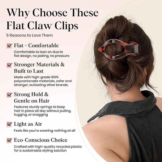 4 PCS Large Flat Hair Clips for Women Girls, French Concord Lay Down Claw Clips for Thick Thin Hair, Comfortable Curved Flat Clip, Leopard Print Strong Hold Hair Accessories, Tortoise Design