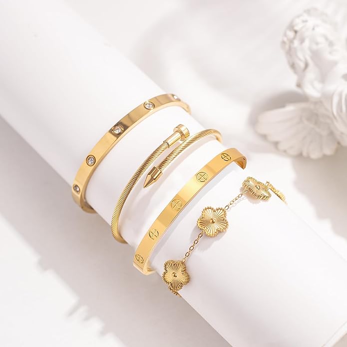 Gold Bracelets for Women- 4Pcs 18K Gold Plated Stackable Floral Clover Bracelets ,Stainless Steel Bangle Non Tarnish, Gold Bracelet Set Trendy Jewelry,Christmas Valentines Birthday Gifts-Pulseras Para Mujer