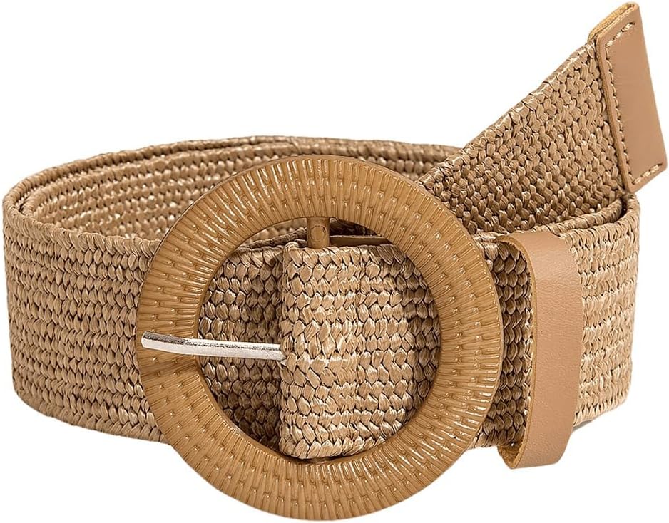 Verdusa Women's Western Belt Cowgirl Boho Straw Belts Round Buckle Elastic Waist Belt