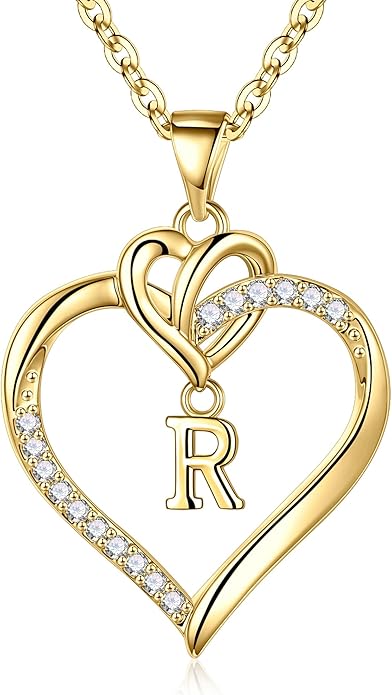 STORUP Gifts for Women Teen Girls - Heart Initial Necklaces for Women Girls, 14K-Gold-Plated Cubic Zirconia Initial A-Z Pendant Dainty Heart Necklaces for Teen Girl Jewelry Birthday Gifts