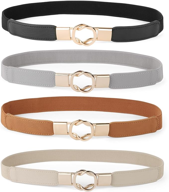 WERFORU Women Skinny Belt for Dresses Retro Stretch Waist Belt with Gold Buckle Set of 4