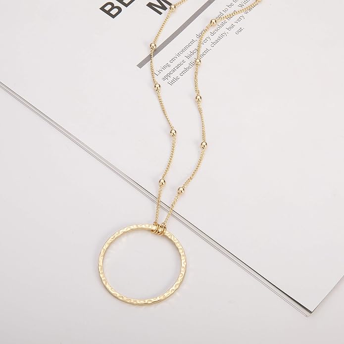 SOFYBJA 18K Gold Plated Circle Pendant Necklace Long Satellite Beaded Chain Jewelry for Women Dainty Hammered Karma Open Circle Charm Geometric Necklace