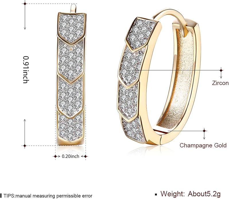 14K Gold Plated Cubic Zirconia Hoop Earrings,Three Row Diamon | Arrows | Double Row of Diamonds Huggie Earrings for Women