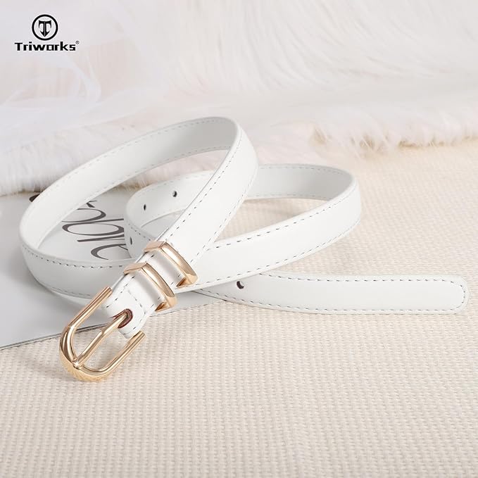 2 Pack Women Skinny Leather Belts for Jeans Pants Thin Faux Leather Belt with Gold Buckle