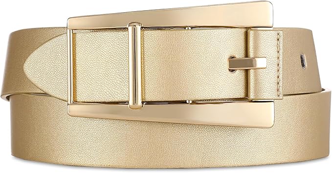 Women Casual Leather Gold Belt for Jeans Pants, Fashion Ladies Girls Gold Faux Leather Waist Belt