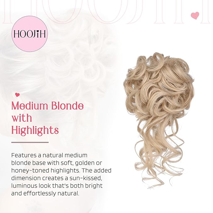 HOOJIH 2PCS Messy Bun Hair Piece, Tousled Updo with Tendrils Bun Extensions Wavy Curly Hair Wrap Ponytail Hairpieces for Women HB010 Dasiy - Medium Blonde with Highlights