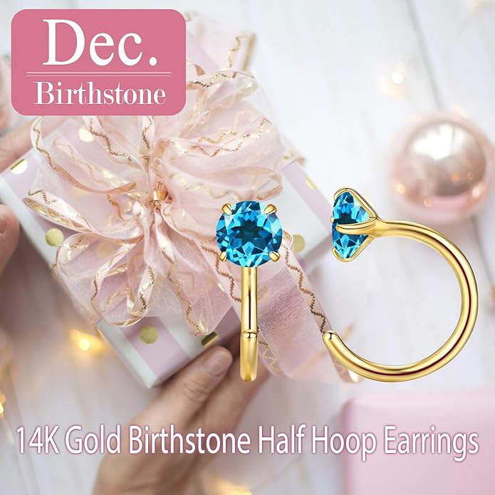 14K Gold Birthstone Huggie Half Hoop Earrings for Women,Round-cut Created Gemstone Minimalist Tiny Earring(4MM*2) Anniversary Birthday Mother's Day Jewelry for Mom Her