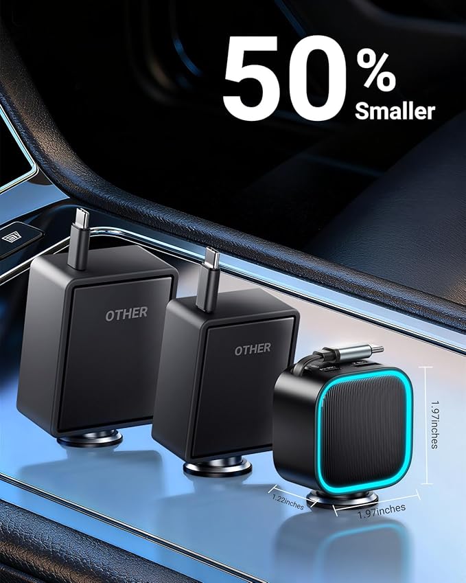 Retractable Car Charger USB-C,Rocoren 57W 3-in-1 Type C Fast Car Charging [Ultra-Compact Mini] with Cord Cigarette Lighter Adapter Car Accessories for iPhone17/16/15,S25 Android,Gifts for Women Men